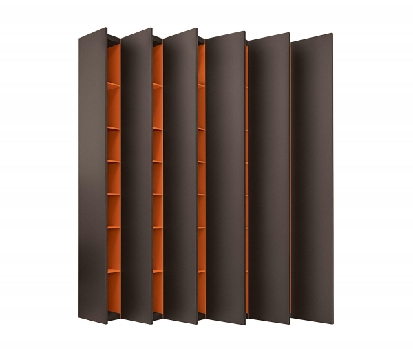 Aleph dark oak wood & orange lacquer shelving